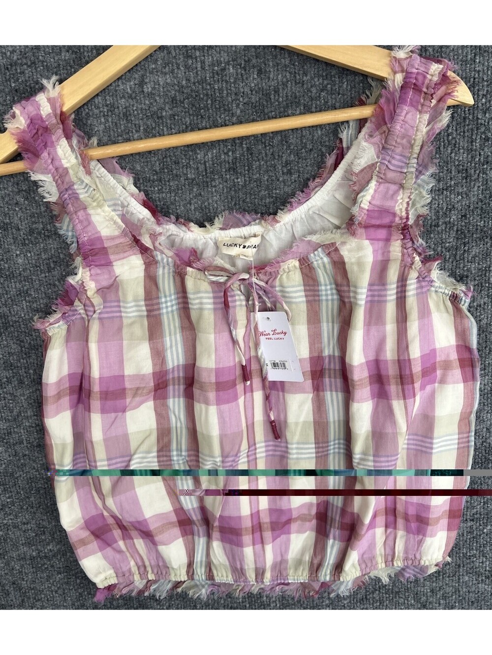 New lucky brand Ruffle Ruched Tank Cropped Pink Plaid Size XS